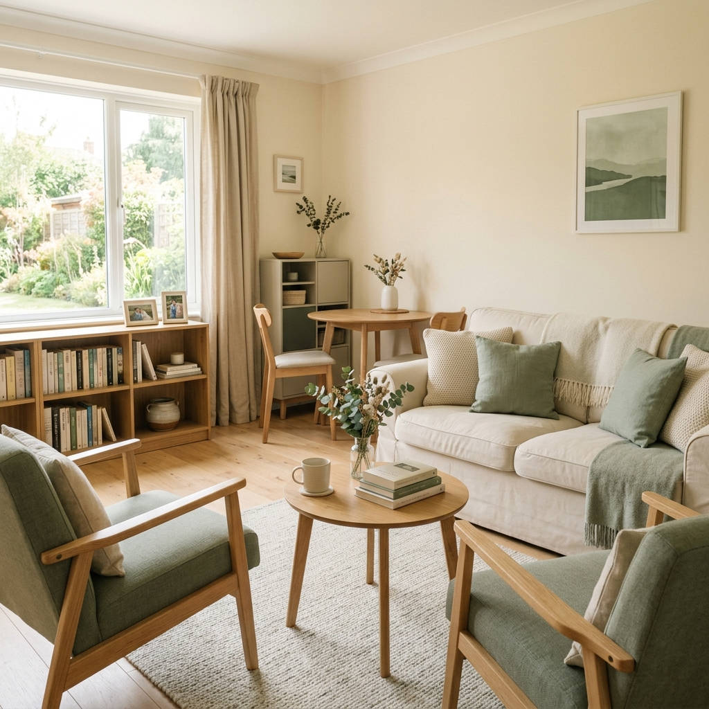 A calm, organized, and downsized living room